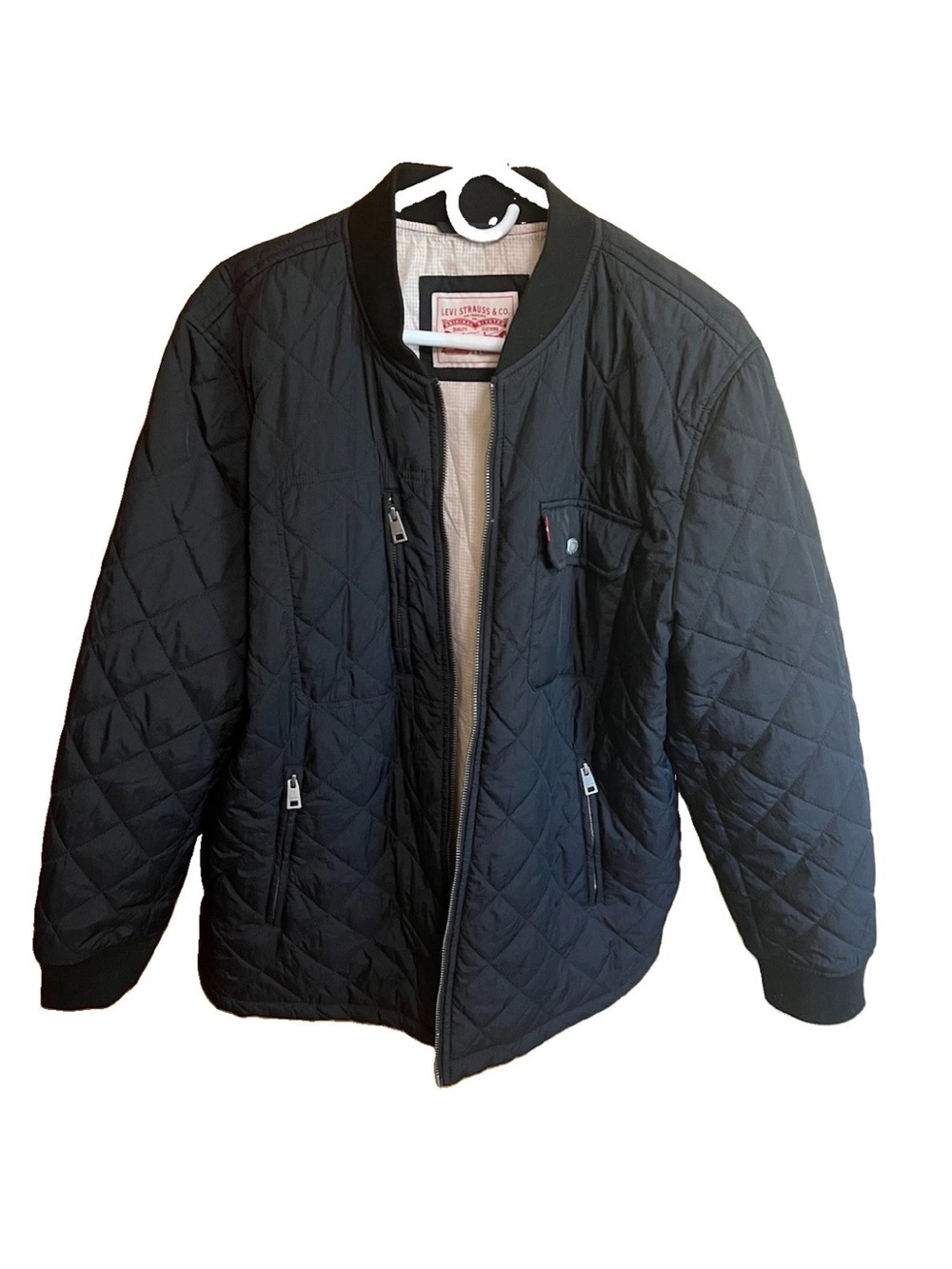 Levi's Women's XL Black Diamond Quilted Extended Length Bomber Jacket Pink Lined